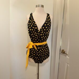 Albert Nipon Black and Yellow Belted Polka Dot One Piece Swimsuit